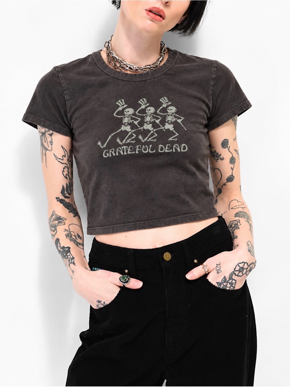 Cotton On Grateful Dead Micro Tee Large Charcoal Skeleton Crop Top